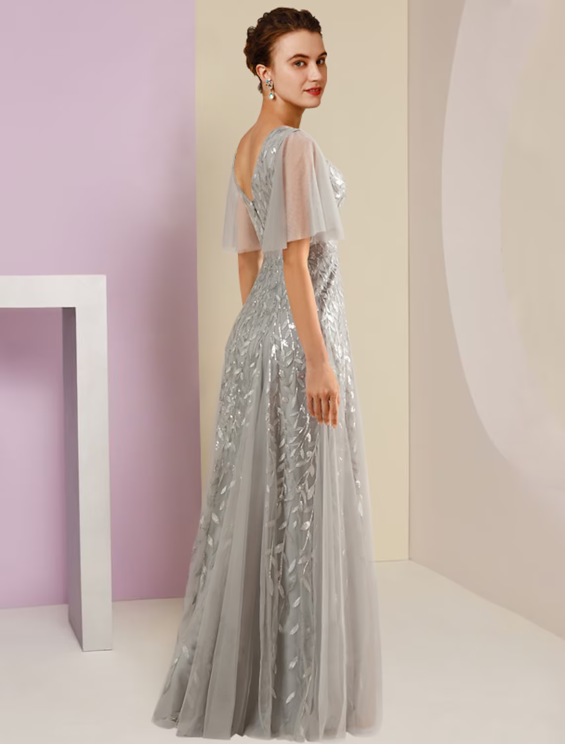 Sheath / Column Mother of the Bride Dress Wedding Guest Party Sparkle & Shine V Neck Floor Length Satin Sequined Long Sleeve with Bow(s) Pleats main image 0