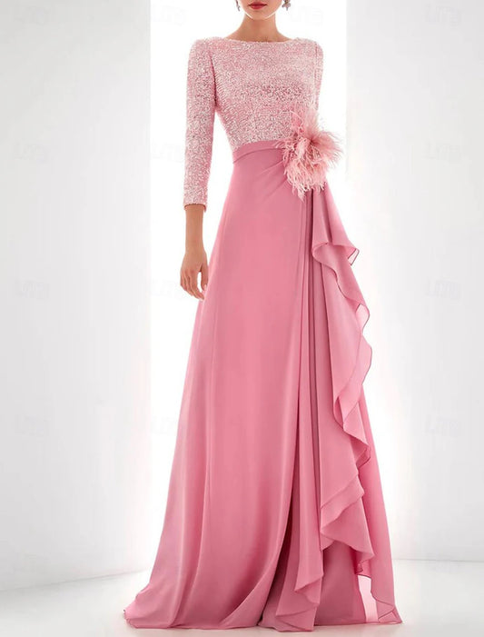 Gown Elegant Formal Asymmetrical Long Sleeve High Neck Chiffon with Feather Pearls Sequin Evening Dress