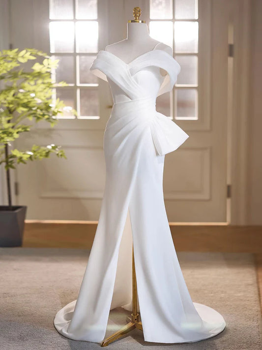 Elegant Dignified Off Shoulder Satin Long Prom Dress White Pure Fresh Formal Party dress