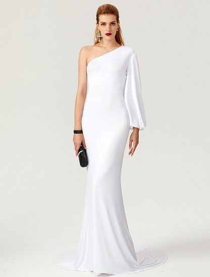 Mermaid / Trumpet Celebrity Style Dress Engagement Court Train Long Sleeve One Shoulder Jersey with Pleats