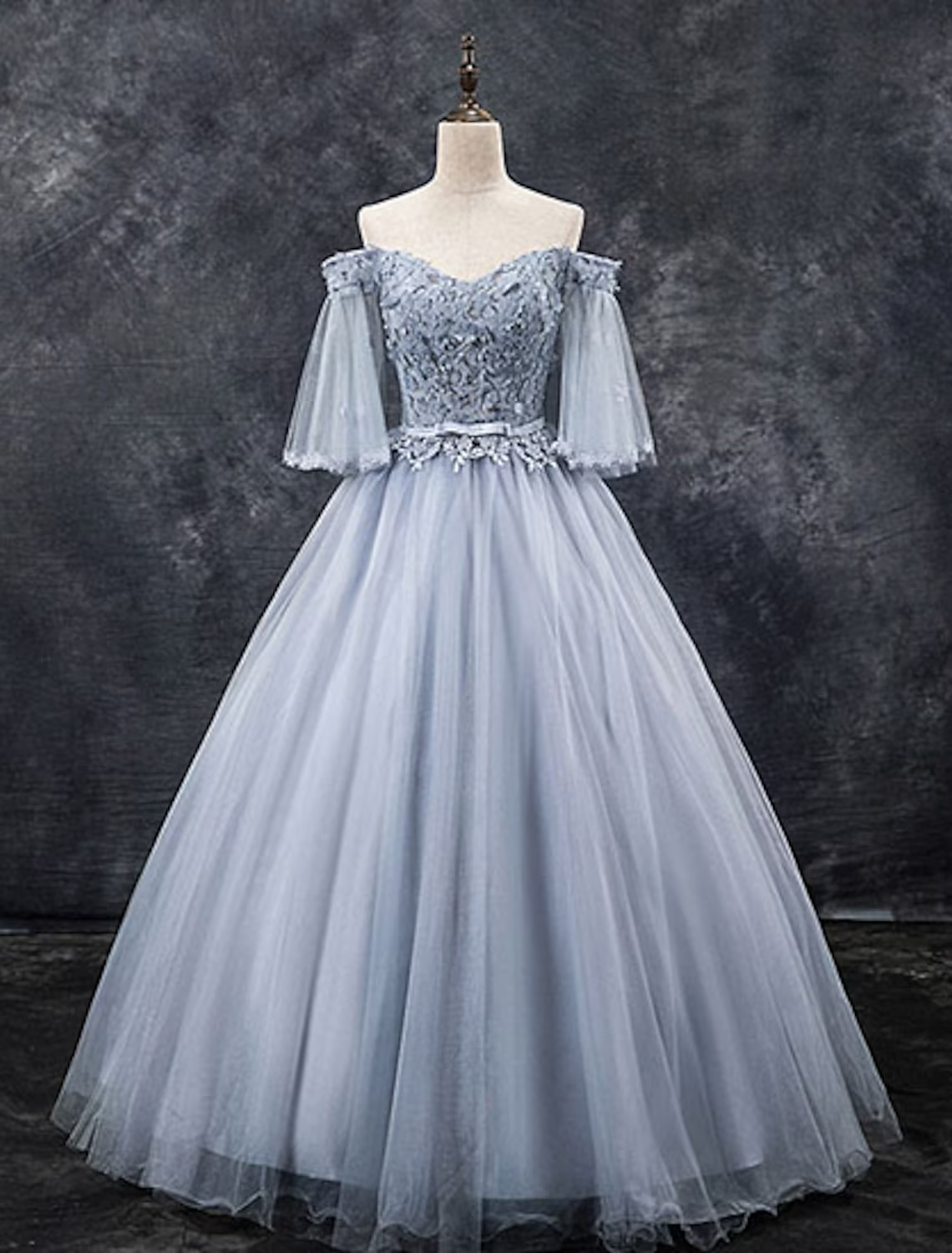 Ball Gown Elegant Floral Quinceanera Formal Evening Dress Off Shoulder Half Sleeve Floor Length Tulle with Appliques