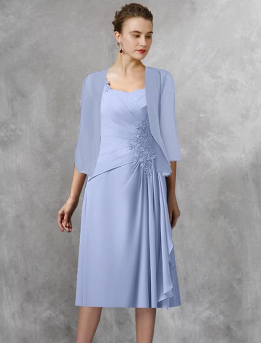 Two Piece A-Line Mother of the Bride Dress Wedding Guest Elegant Square Neck Tea Length Chiffon Lace Half Sleeve Wrap Included with Appliques Side-Draped