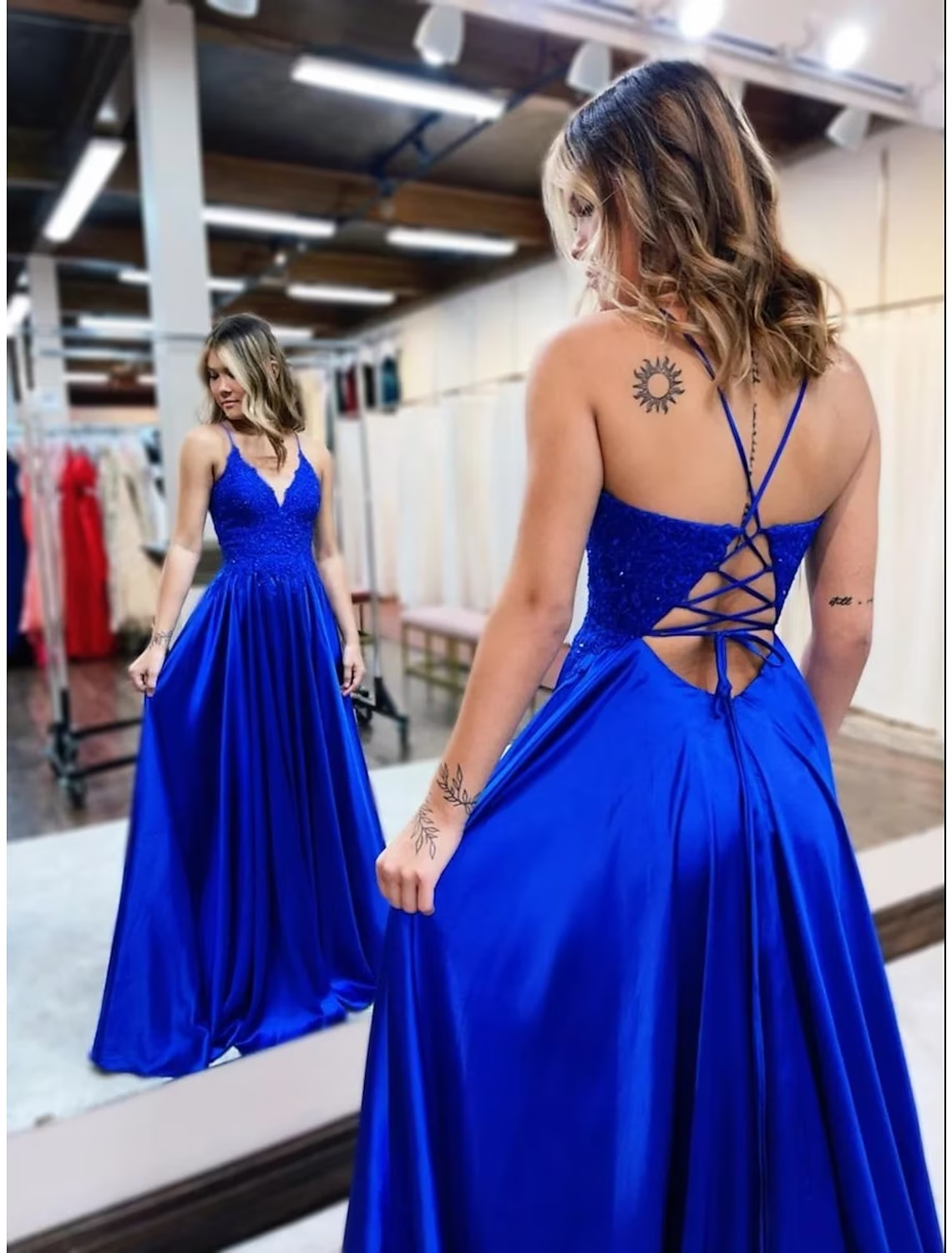 A-Line Prom Dresses Empire Dress Formal Court Train Sleeveless V Neck Satin Backless with Beading Appliques