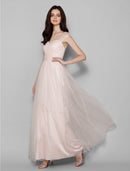 Sheath / Column Queen Anne Floor Length Tulle Bridesmaid Dress with Criss Cross