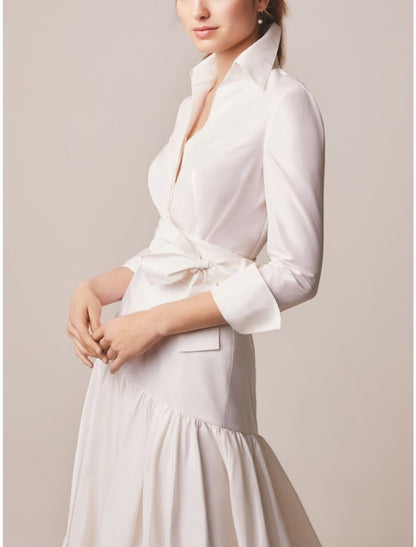 A-Line Mother of the Bride Dress Wedding Guest Elegant Shirt Collar Sweep / Brush Train Taffeta Long Sleeve with Bow(s) Ruching