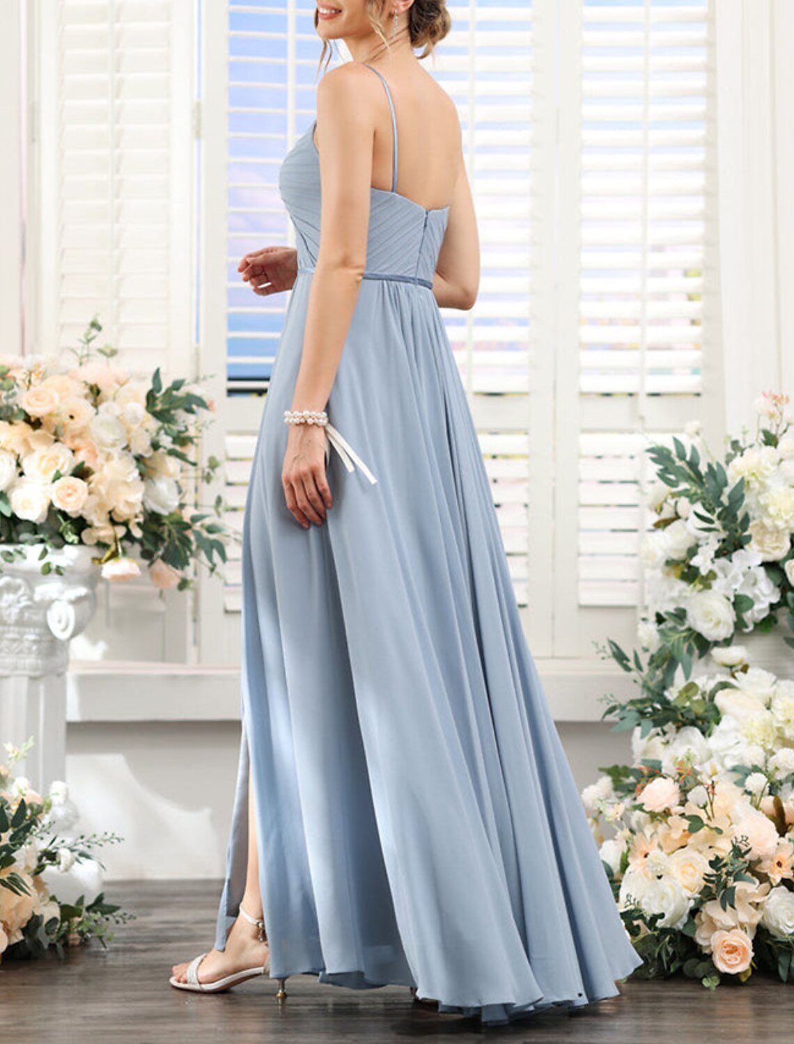 A-Line Bridesmaid Dress Spaghetti Strap Sleeveless Blue Floor Length Chiffon with Split Front / Ruching