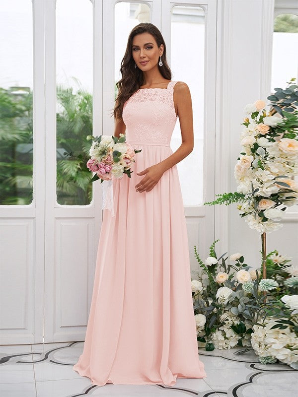 A-Line/Princess Chiffon Applique Square Sleeveless Floor-Length Bridesmaid Dresses