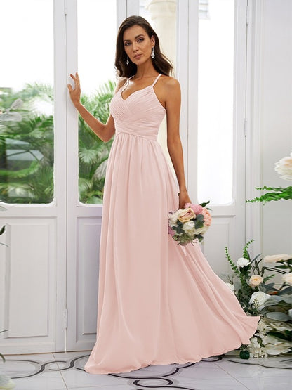 A-Line/Princess Chiffon Ruched V-neck Sleeveless Floor-Length Bridesmaid Dresses