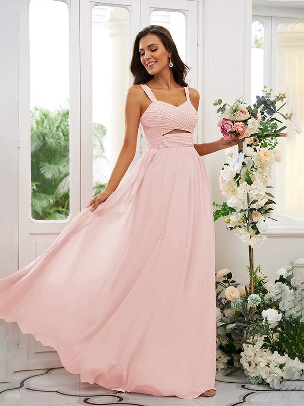 A-Line/Princess Chiffon Ruched Straps Sleeveless Floor-Length Bridesmaid Dresses