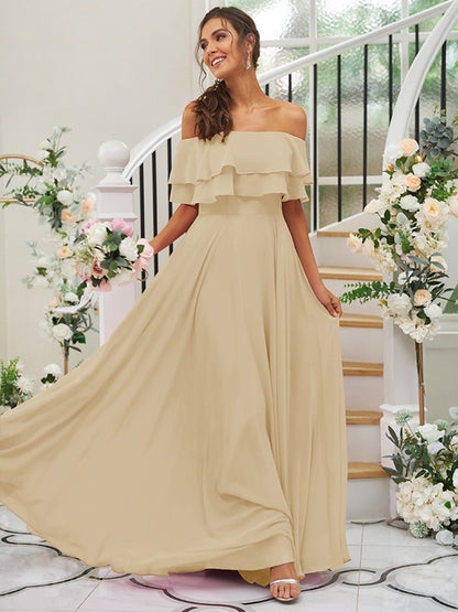 A-Line/Princess Chiffon Ruffles Off-the-Shoulder Sleeveless Floor-Length Bridesmaid Dresses