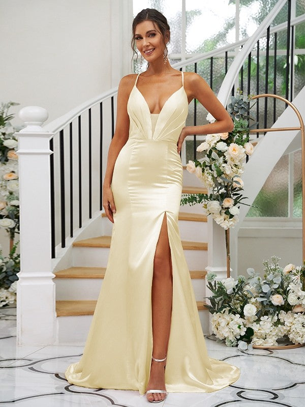 Sheath/Column Silk like Satin Ruched V-neck Sleeveless Sweep/Brush Train Bridesmaid Dresses