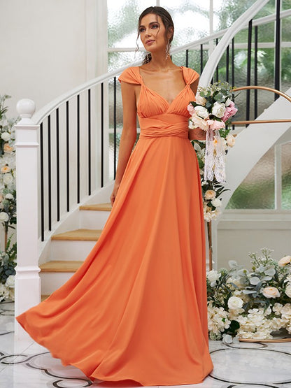 A-Line/Princess Jersey Ruched V-neck Sleeveless Floor-Length Bridesmaid Dresses