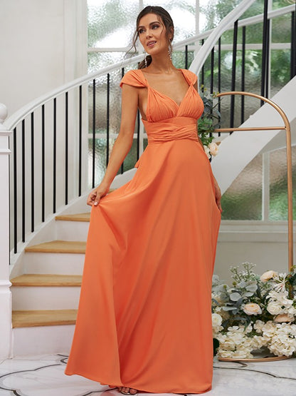 A-Line/Princess Jersey Ruched V-neck Sleeveless Floor-Length Bridesmaid Dresses