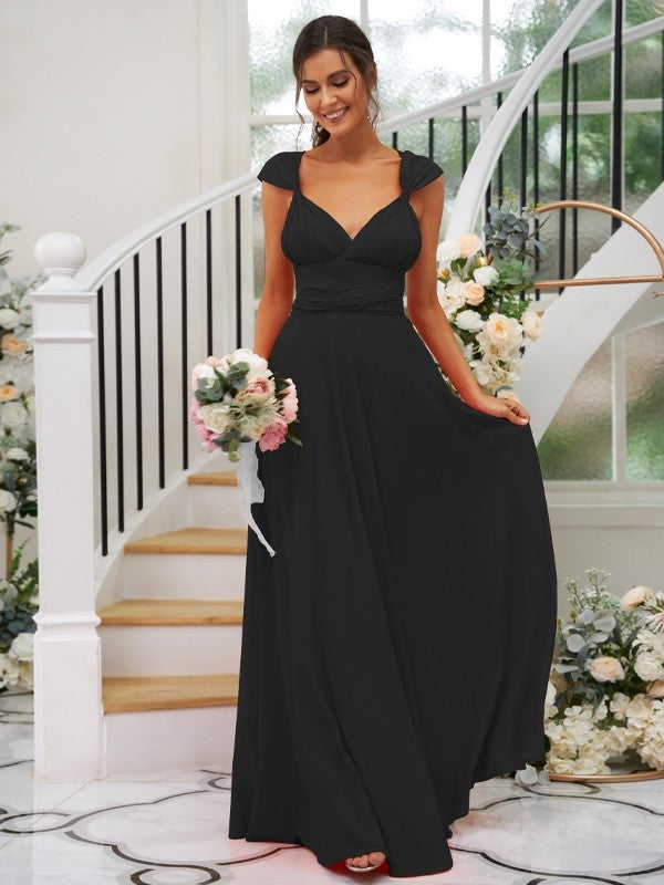 A-Line/Princess Jersey Ruched V-neck Sleeveless Floor-Length Bridesmaid Dresses