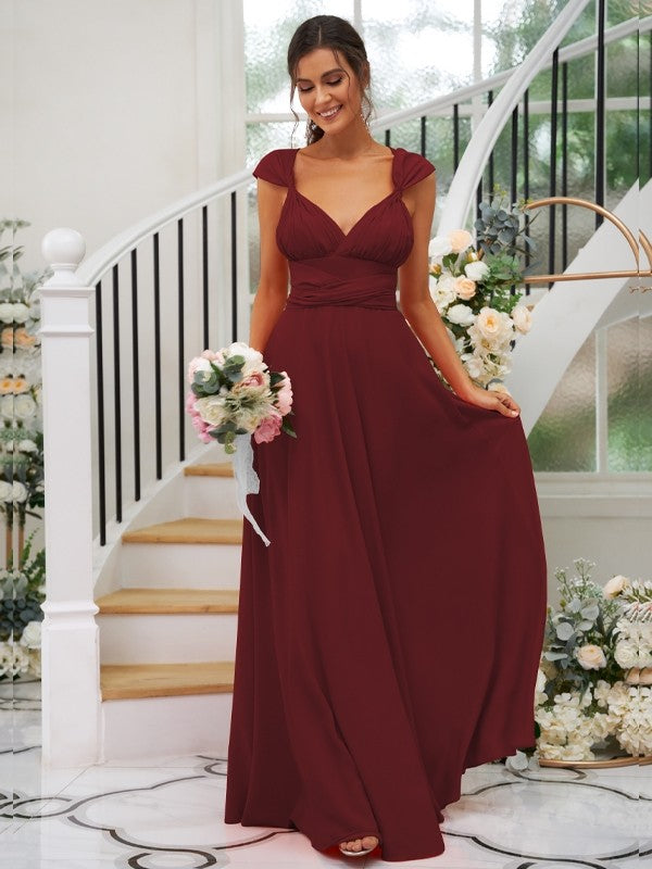 A-Line/Princess Jersey Ruched V-neck Sleeveless Floor-Length Bridesmaid Dresses