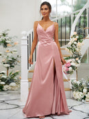 A-Line/Princess Silk like Satin Ruched V-neck Sleeveless Floor-Length Bridesmaid Dresses