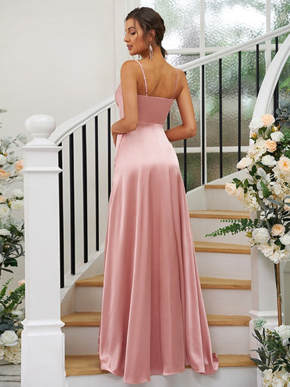 A-Line/Princess Silk like Satin Ruched V-neck Sleeveless Floor-Length Bridesmaid Dresses