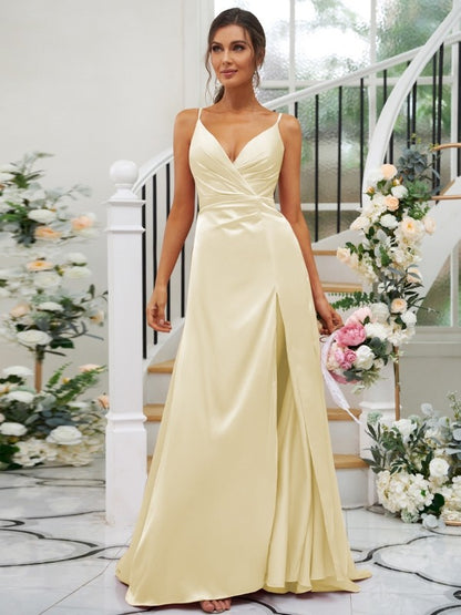 A-Line/Princess Silk like Satin Ruched V-neck Sleeveless Floor-Length Bridesmaid Dresses