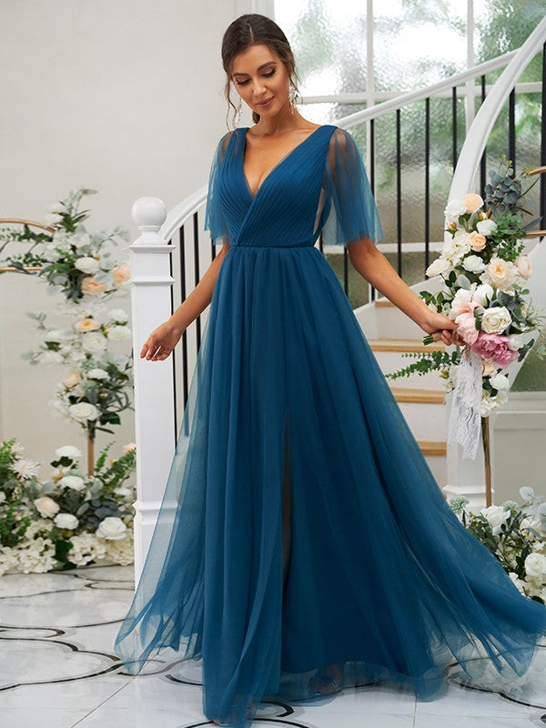 A-Line/Princess Tulle Ruffles V-neck Short Sleeves Floor-Length Bridesmaid Dresses