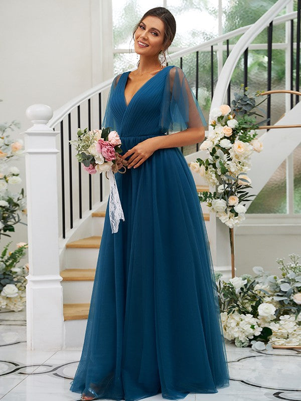 A-Line/Princess Tulle Ruffles V-neck Short Sleeves Floor-Length Bridesmaid Dresses