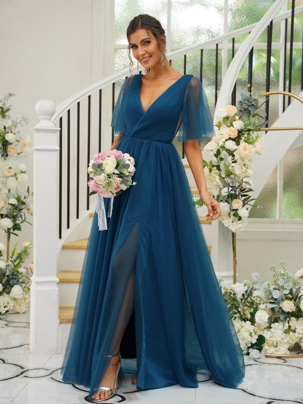 A-Line/Princess Tulle Ruffles V-neck Short Sleeves Floor-Length Bridesmaid Dresses