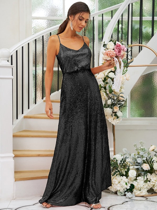 A-Line/Princess Sequins Ruched Straps Sleeveless Floor-Length Bridesmaid Dresses