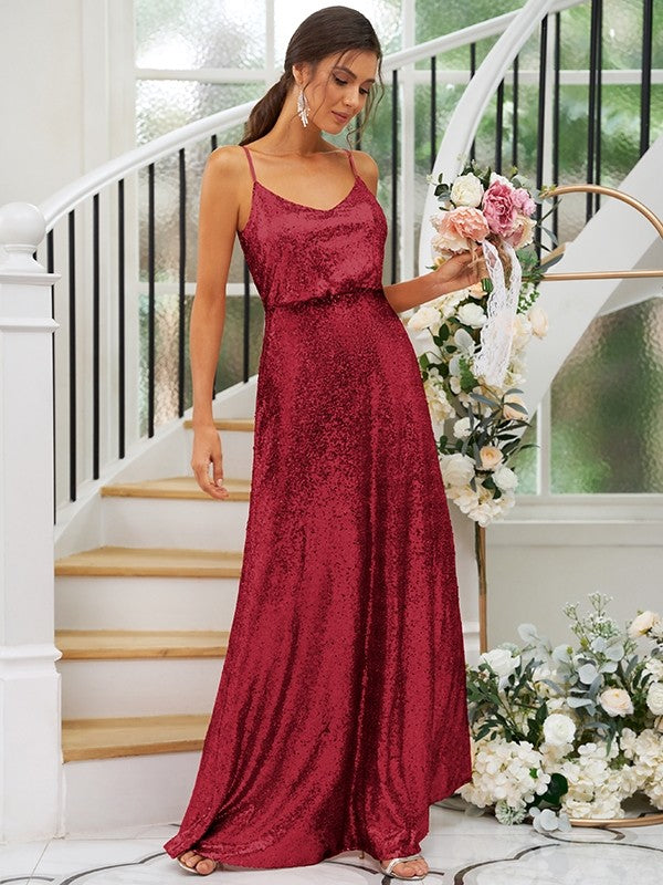 A-Line/Princess Sequins Ruched Straps Sleeveless Floor-Length Bridesmaid Dresses