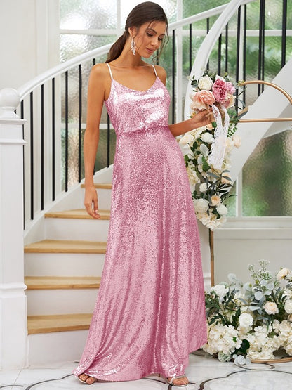 A-Line/Princess Sequins Ruched Straps Sleeveless Floor-Length Bridesmaid Dresses