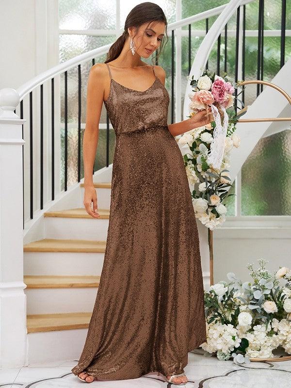 A-Line/Princess Sequins Ruched Straps Sleeveless Floor-Length Bridesmaid Dresses