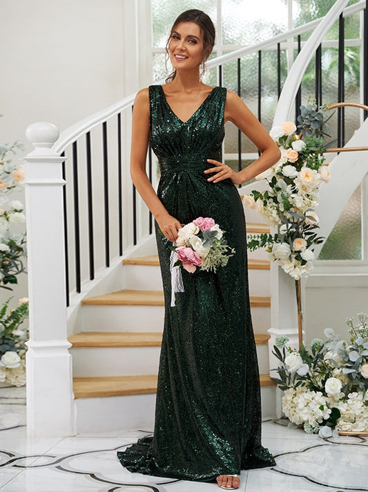 Sheath/Column Sequins Ruched V-neck Sleeveless Sweep/Brush Train Bridesmaid Dresses