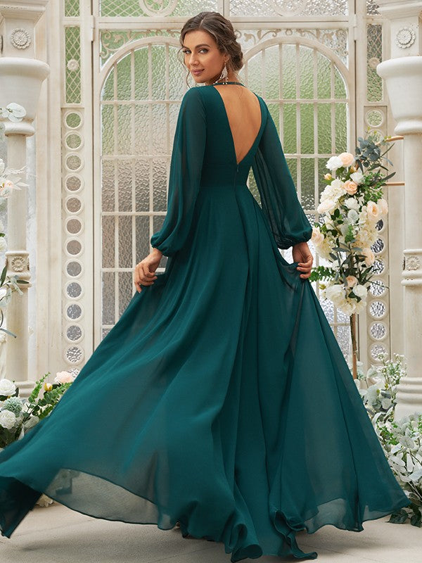 A-Line/Princess Chiffon Ruffles V-neck Long Sleeves Sweep/Brush Train Bridesmaid Dresses