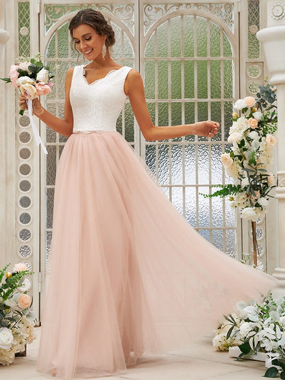 A-Line/Princess Tulle Lace V-neck Sleeveless Floor-Length Two Piece Bridesmaid Dresses