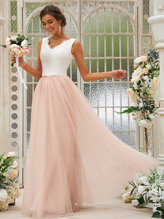 A-Line/Princess Tulle Lace V-neck Sleeveless Floor-Length Two Piece Bridesmaid Dresses