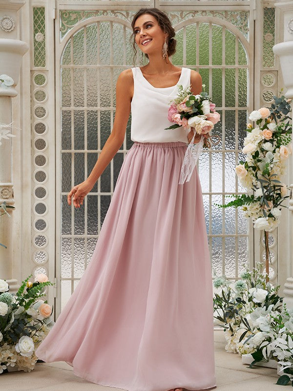 A-Line/Princess Chiffon Ruffles Scoop Sleeveless Floor-Length Two Piece Bridesmaid Dresses