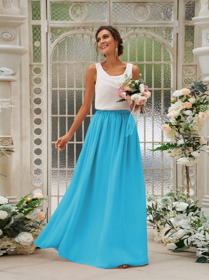 A-Line/Princess Chiffon Ruffles Scoop Sleeveless Floor-Length Two Piece Bridesmaid Dresses