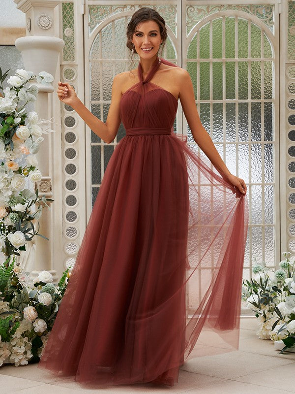 A-Line/Princess Tulle Ruffles Halter Sleeveless Floor-Length Bridesmaid Dresses