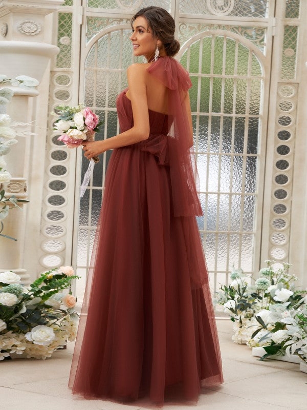 A-Line/Princess Tulle Ruffles Halter Sleeveless Floor-Length Bridesmaid Dresses