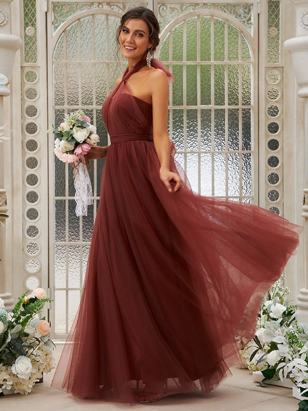 A-Line/Princess Tulle Ruffles Halter Sleeveless Floor-Length Bridesmaid Dresses