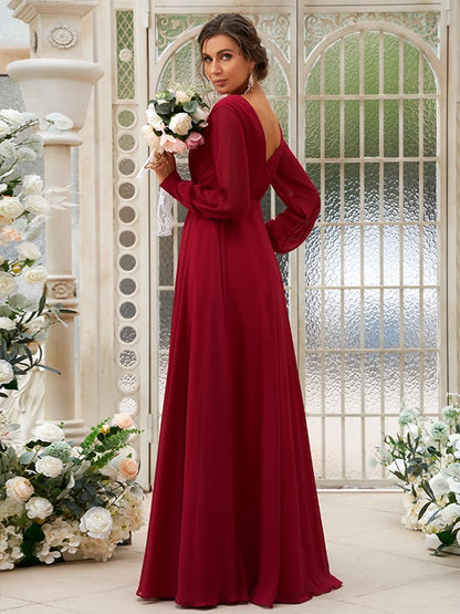 A-Line/Princess Chiffon Ruched V-neck Long Sleeves Floor-Length Bridesmaid Dresses