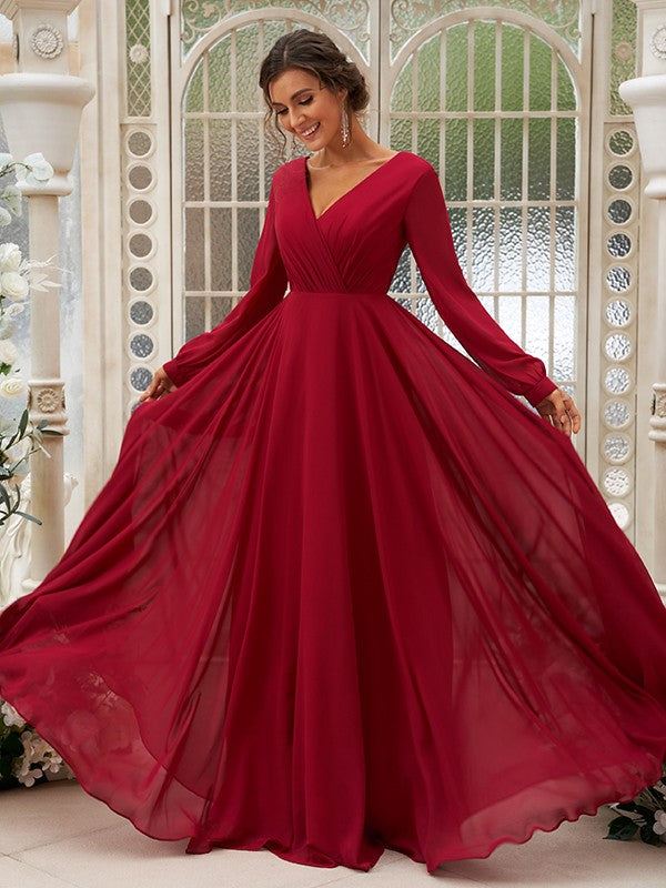 A-Line/Princess Chiffon Ruched V-neck Long Sleeves Floor-Length Bridesmaid Dresses