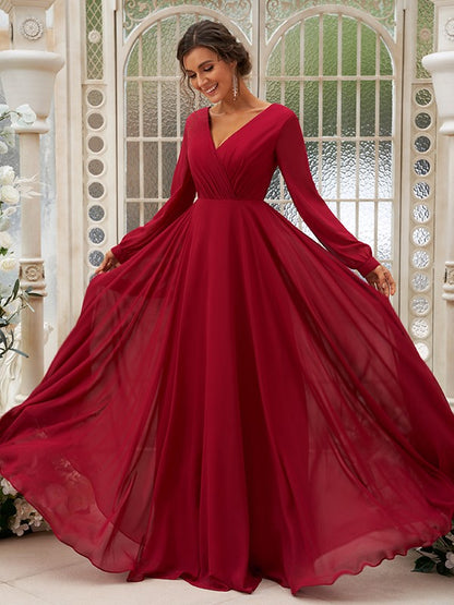 A-Line/Princess Chiffon Ruched V-neck Long Sleeves Floor-Length Bridesmaid Dresses