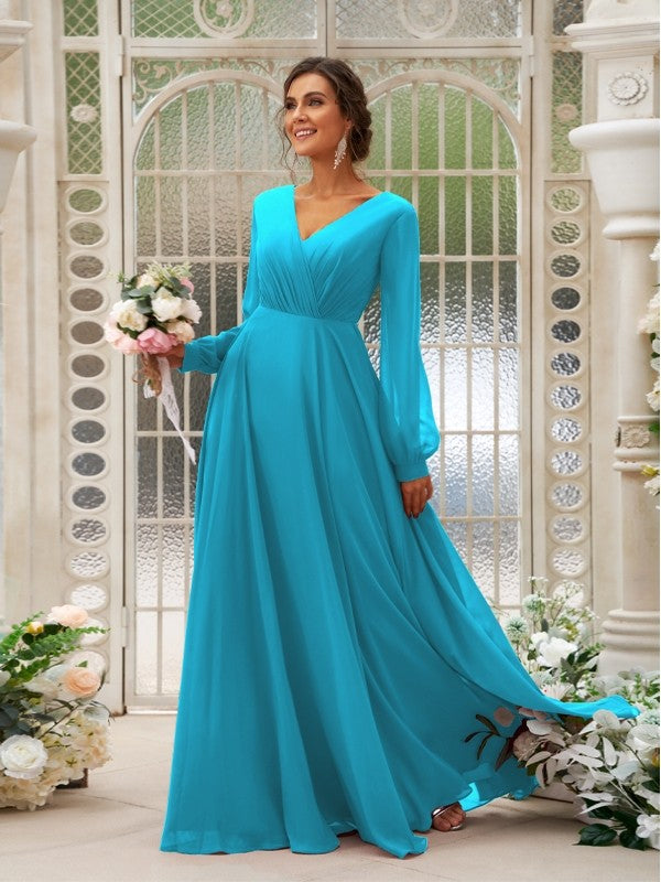 A-Line/Princess Chiffon Ruched V-neck Long Sleeves Floor-Length Bridesmaid Dresses