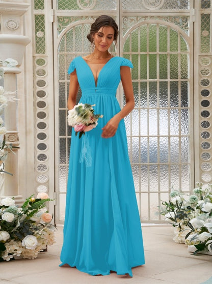 A-Line/Princess Chiffon Ruffles V-neck Sleeveless Sweep/Brush Train Bridesmaid Dresses