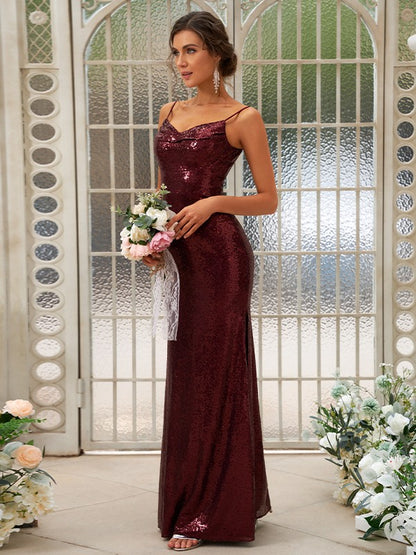 Sheath/Column Sequins Ruched Spaghetti Straps Sleeveless Floor-Length Bridesmaid Dresses