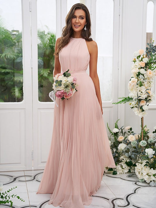 A-Line/Princess Chiffon Ruffles Halter Sleeveless Floor-Length Bridesmaid Dresses