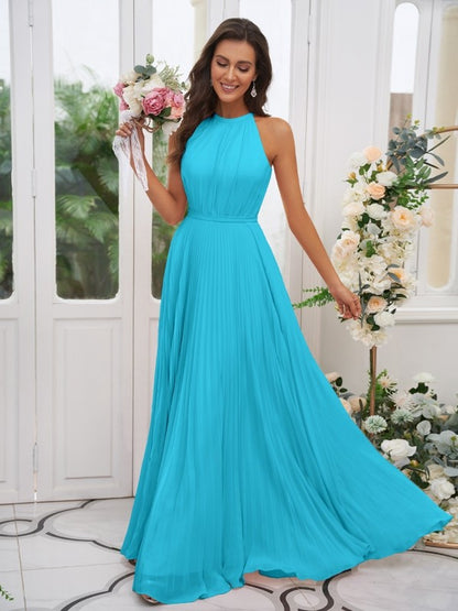 A-Line/Princess Chiffon Ruffles Halter Sleeveless Floor-Length Bridesmaid Dresses