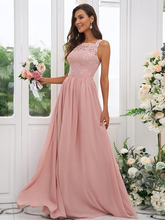 A-Line/Princess Chiffon Applique Square Sleeveless Floor-Length Bridesmaid Dresses