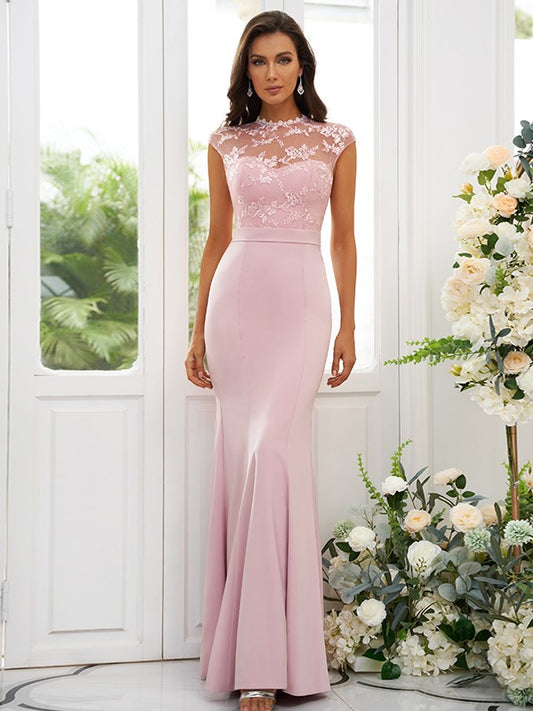 Trumpet/Mermaid Stretch Crepe Applique High Neck Sleeveless Floor-Length Bridesmaid Dresses