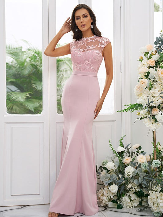 Trumpet/Mermaid Stretch Crepe Applique High Neck Sleeveless Floor-Length Bridesmaid Dresses