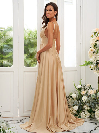 A-Line/Princess Jersey Ruffles V-neck Sleeveless Sweep/Brush Train Bridesmaid Dresses